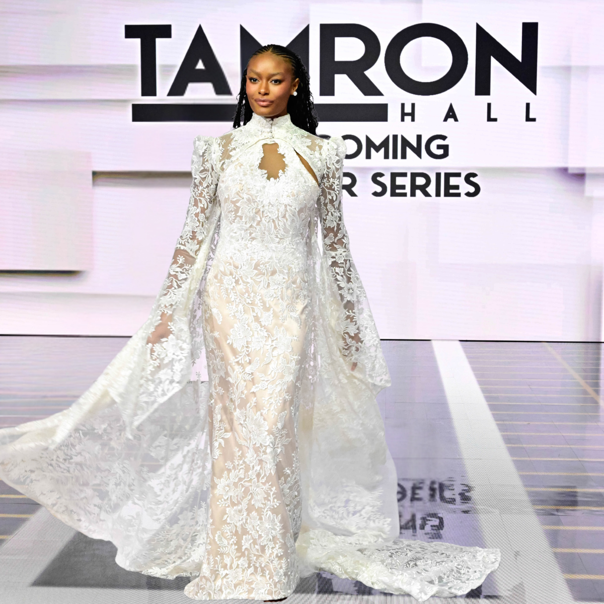 Ivory Floral Lace Couture Wedding Gown with Bell Sleeve Cape