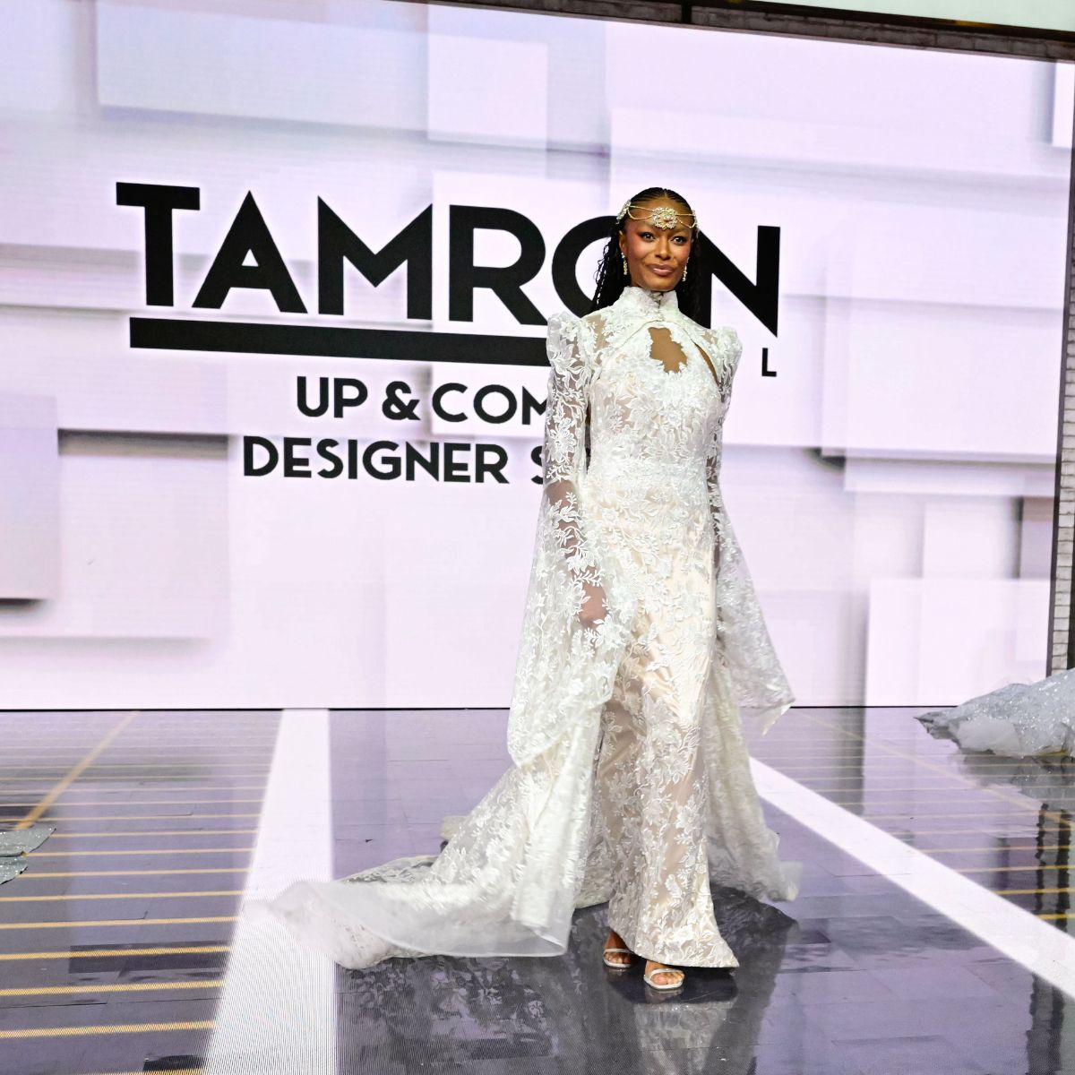 Ivory Floral Lace Couture Wedding Gown with Bell Sleeve Cape